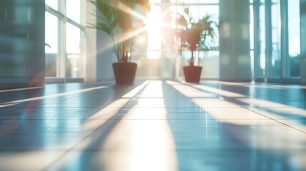 Obraz premium blurred background of modern office interior with panoramic windows and beautiful lighting