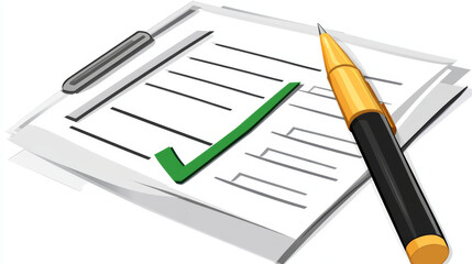 Checklist with pen, application form, survey, document with green checkmark, sheet of paper with checkmark. Vector illustration