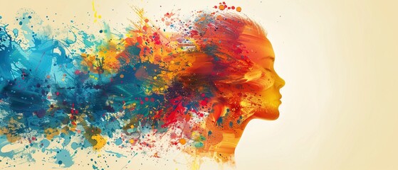 Mental health and creative abstract concept. Colorful illustration of happy womale head in paint splatter style