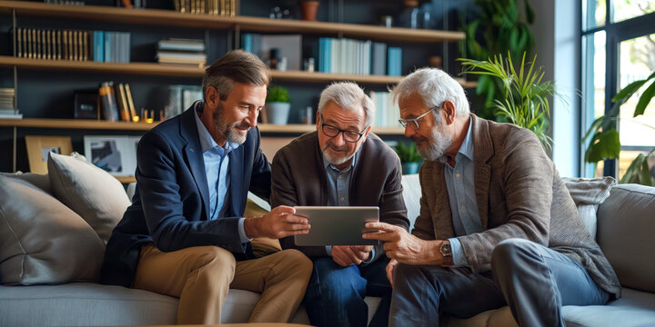 Banker assisting a senior couple with their financial planning, using a tablet to explain investment options in a cozy office setting. - Powered by Adobe