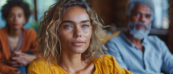 Obraz premium Closeup Portrait of Young Woman with Blue Eyes and Curly Blonde Hair