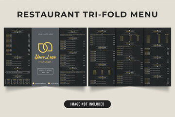 Restaurant trifold menu design with black and yellow color. Modern Restaurant menu with text space and photo placeholders. Restaurant promotional offer and menu vector with price sections.