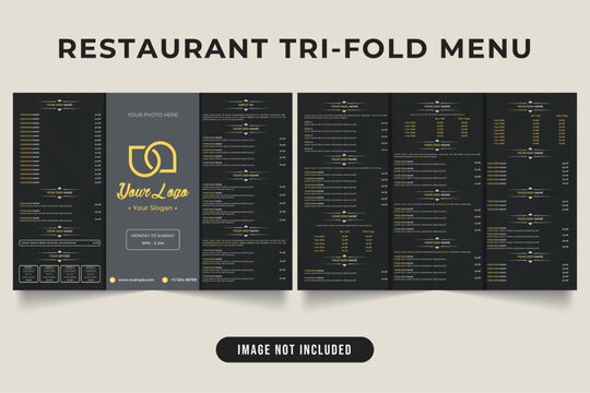 Restaurant trifold menu design with black and yellow color. Modern Restaurant menu with text space and photo placeholders. Restaurant promotional offer and menu vector with price sections.