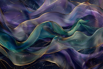 30. An abstract composition with flowing lines in shades of purple, blue, and green, accented with gold highlights, set against a dark background, creating a sense of elegance and movement.