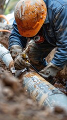 Industrial worker wearing a safety helmet and gloves, repairing machinery in a factory. pipes and industrial equipment
