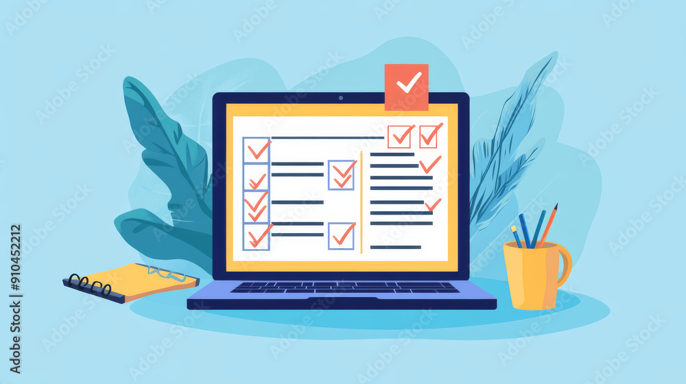 Wall mural online survey or quiz on a laptop screen. the screen displays a checklist with checkmarks, illustrat