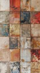 Mur de carreaux color&eacute;s vieillis et textur&eacute;s, motif g&eacute;om&eacute;trique abstrait et nuances d&eacute;lav&eacute;es, rustique et artistique