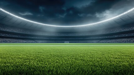 A vibrant green football field illuminated by bright lights, set for an evening match at a local stadium with an enthusiastic crowd expected