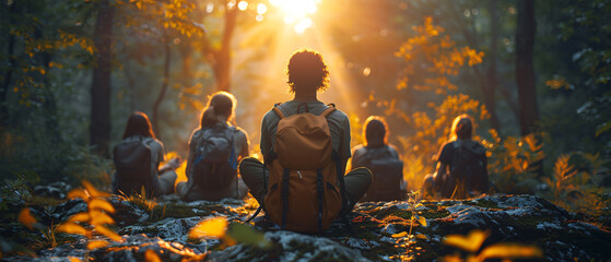 Group of Friends Hiking and Enjoying Nature at Sunset in Forest