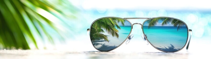 Sunglasses Reflecting a Tropical Beach Scene