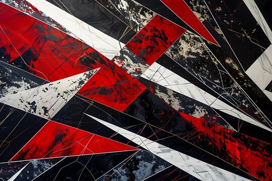 5. A dynamic abstract artwork featuring bold red, black, and white angular patterns, with hints of silver, creating a sense of movement and intensity against a dark, textured backdrop.