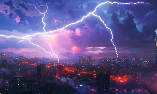 Clouds, thunderstorms and lightning over the city