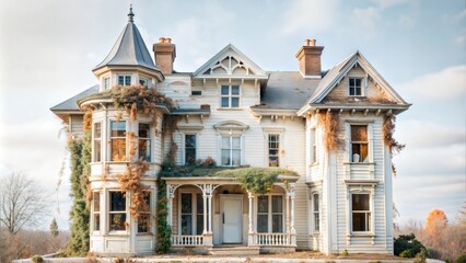 Obraz premium Ivy-Covered Victorian House with Sunlight Peeking Through