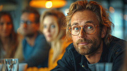 Obraz premium Handsome Man with Glasses Looking Thoughtful in a Cafe