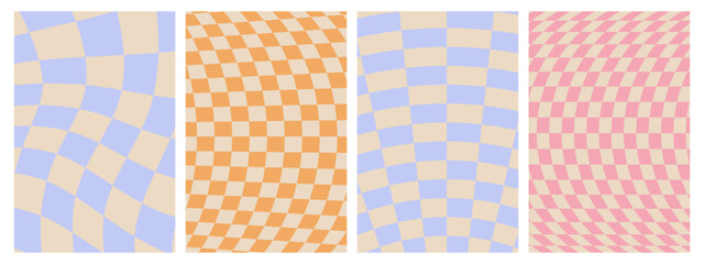 Groovy hippie 70s posters. Checkerboard, chessboard, mesh, waves patterns. Twisted and distorted vector texture in trendy retro psychedelic style. Y2k aesthetic.