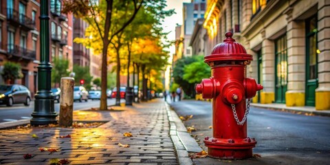 Naklejka premium Red Fire Hydrant on Cobblestone Street in Autumn, fire hydrant, city street, fall foliage, urban photography