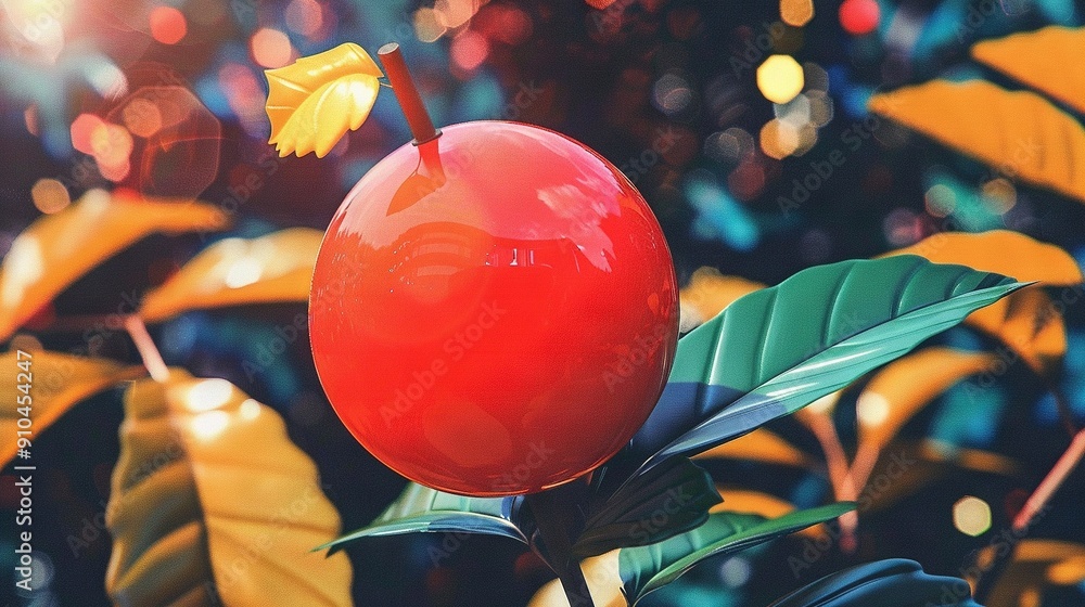 Poster red apple atop green tree, surrounded by yellow/green leaves