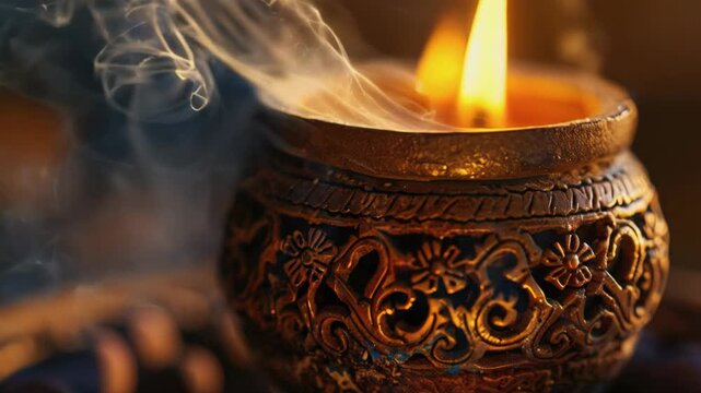 Traditional incense holder emits fragrant smoke, creating a calming atmosphere during an evening gathering filled with warmth and tranquility