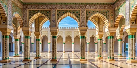 Fototapeta premium Ornate Arches and Pillars in a Moroccan Mosque, wide angle, intricate patterns, golden details, Islamic architecture, Morocco, mosque