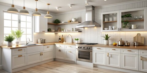 Modern White Kitchen with Hanging Lights and Plants, kitchen design , kitchen interior , white kitchen , modern kitchen