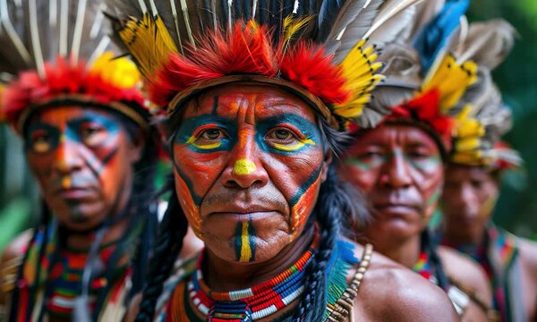 Indigenous Tribe Members in Traditional Feathered Headdresses and Vibrant Face Paint