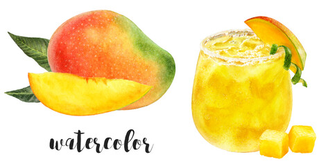 A Refreshing Tropical Drink Accompanied by a Beautiful Mango Illustration Design