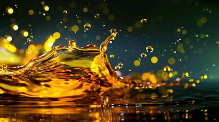 Abstract sunflower oil splash, artistic photo, dark green background, highlights, shadows. Splash of sunflower oil isolated