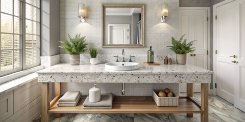 Modern Bathroom Vanity with Wooden Shelf, Granite Countertop, and White Sink, Bathroom Design, Interior Design, Home Decor, Modern Bathroom