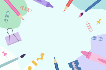 Art and painting colorful vector background with blank space. Crayons, pencils, paint tube, pins, paper clips, paint brushes and other school supplies.