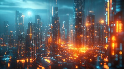 futuristic cityscape overseen by ai hologram smart city infrastructure glows with data streams blend of urban architecture and advanced technology visualizations