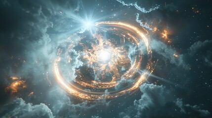 Obraz premium A fiery ring in the clouds, surrounded by a brilliant star at its center