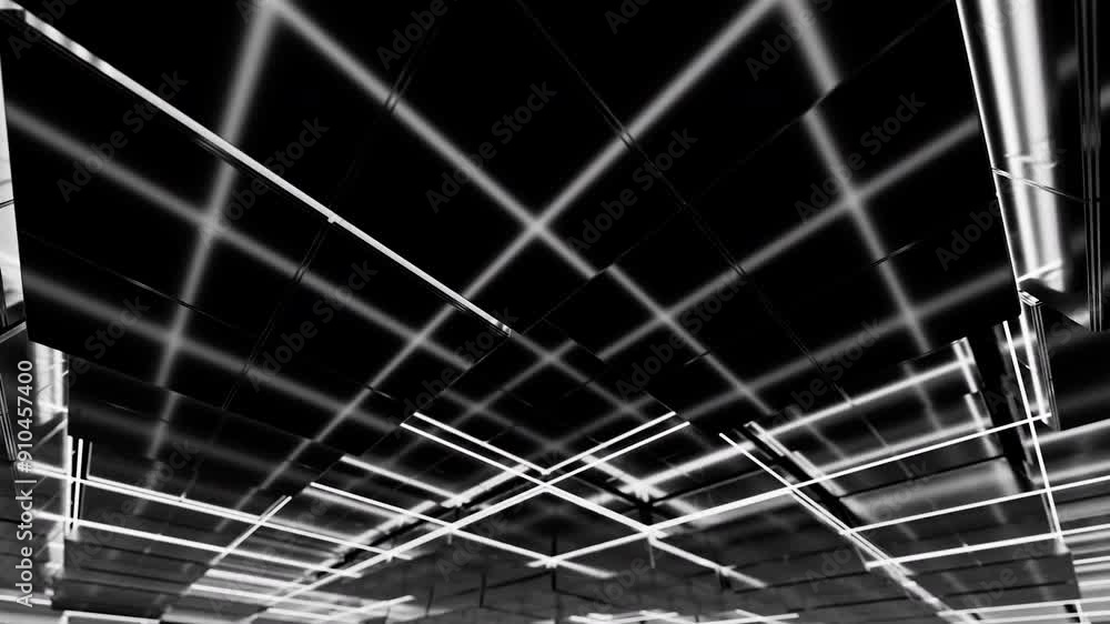 Poster an abstract representation of geometric lines and shapes created in striking black and white tones. 