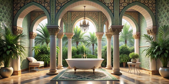 Luxury Bath in a Moroccan Garden, 3D Render, Interior Design, Ornate Architecture , Moroccan Style , Bath Tub , Luxury