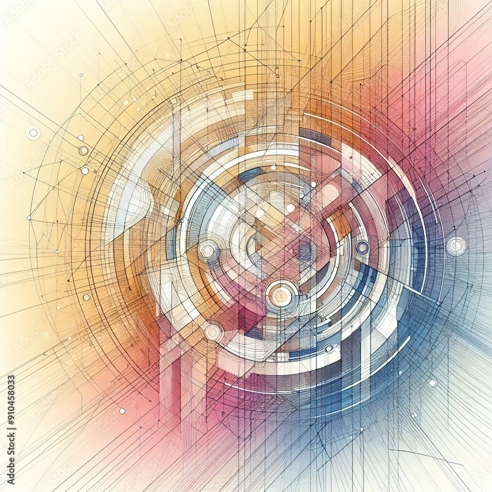 Poster abstract design consisting of various concentric lines and shapes in pastel colors