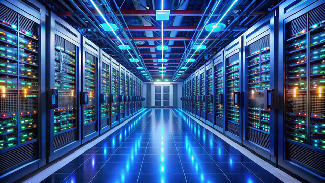 Sleek futuristic computer server room filled with rows of humming high-performance machines, blinking with LED lights, surrounded by fiber optic cables and advanced data racks.