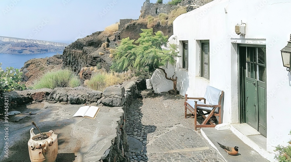 Poster   A white building featuring a green door & chair beside it, offering a water view