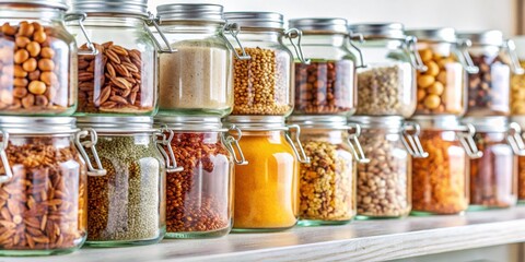 Glass Jars of Spices and Grains on a White Shelf, pantry organization, kitchen essentials, food storage, cooking ingredients, spices , grains
