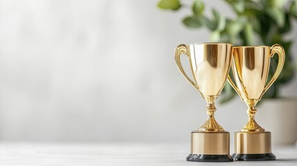 Fototapeta premium Three golden trophies with black bases arranged in a row on a light surface, showcasing recognition and achievement