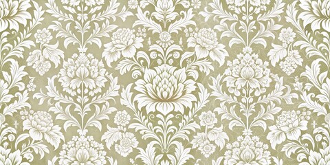 Elegant White Floral Damask Pattern on Olive Green Background, damask, floral, pattern, wallpaper