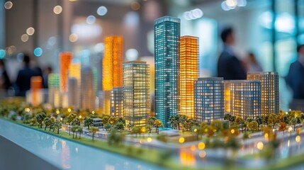 A detailed architectural model of a modern urban development with illuminated skyscrapers and green spaces, showcased in an exhibition setting.

