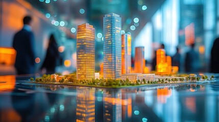 A detailed architectural model of a modern urban development with illuminated high-rise buildings, showcased in a vibrant exhibition setting.

