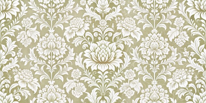 Fototapeta Elegant White Floral Damask Pattern on Olive Green Background, damask, floral, pattern, wallpaper