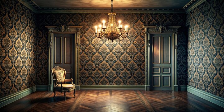 Fototapeta Elegant Antique Room with Floral Wallpaper, Chandelier, and Vintage Chair, interior design, antique furniture, vintage room, ornate decor