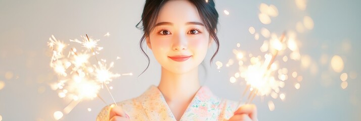 Fototapeta premium 両手に花火を持って微笑んでいる和服の女性