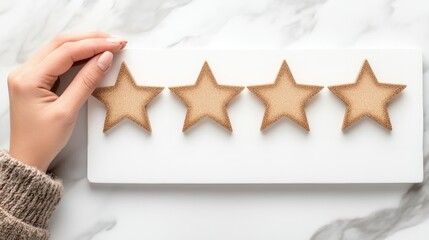 A hand places four wooden stars on a white board to indicate a quality rating in a simplistic and artistic manner