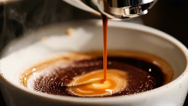 Espresso flows into a white cup, creating a beautiful swirl of coffee and crema in a warm caf&eacute; atmosphere