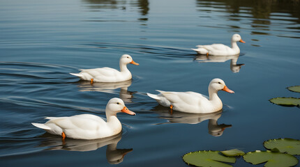 Fototapeta premium White ducks swimming gracefully on a calm lake.