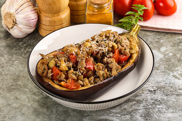 Baked eggplant stuffed meat and tomato