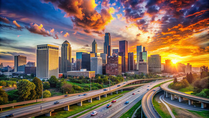 Vibrant colors illuminate a serene cityscape with sleek skyscrapers and busy highway lines intersecting amidst a breathtaking sunset landscape of rolling hills and clouds.