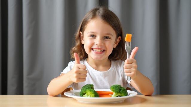 A cheerful young girl with a bright smile gives a thumbs up while eating a plate of healthy vegetables, including carrots and broccoli, promoting nutritious eating.